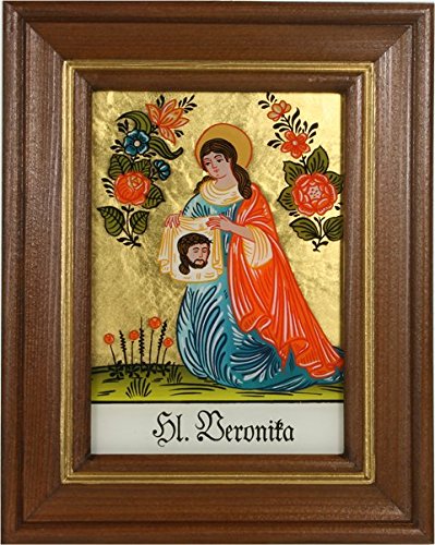 Hinterglaswerkstätten - Hinterglasbild/Patronatsbild Hl. Veronika mit braun gebeizten Holzrahmen, handbemalt mit Legende des Heiligen auf der Bildrückseite, ca. B: 12,5 x H: 16 cm