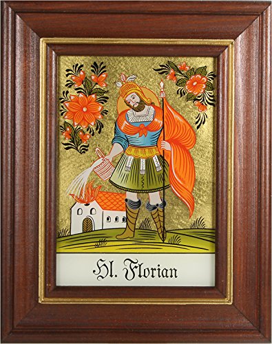 Hinterglasbild Hl. Florian Holzrahmen Legende des Heiligen ca. B 12,5 x H 16 cm