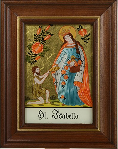 Hinterglaswerkstätten - Hinterglasbild / Patronatsbild Hl. Isabella mit braun gebeizten Holzrahmen, handbemalt mit Legende des Heiligen auf der Bildrückseite, ca. B: 12,5 x H: 16 cm