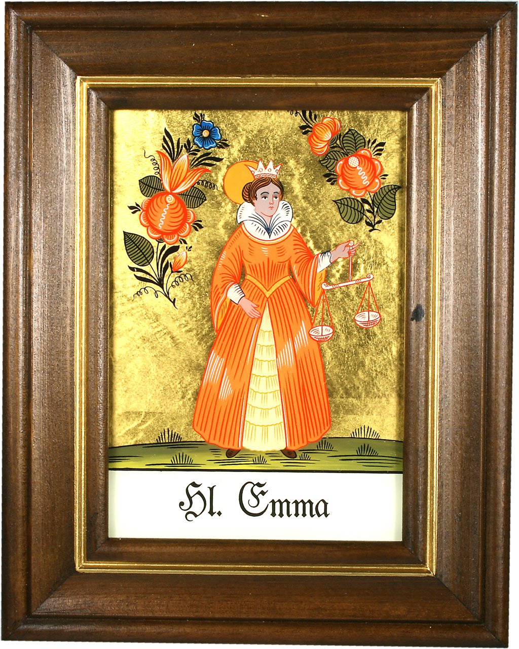 Hinterglaswerkstätten - Hinterglasbild/Patronatsbild Hl. Emma mit braun gebeizten Holzrahmen, handbemalt mit Legende des Heiligen auf der Bildrückseite, ca. B: 12,5 x H: 16 cm