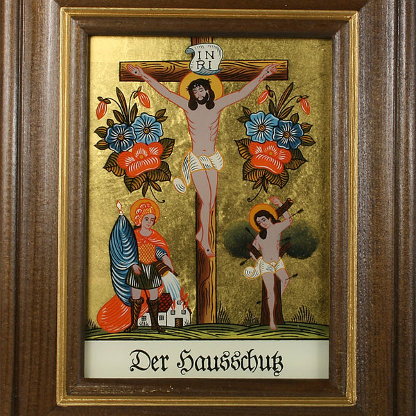 Hinterglasbild/Patronatsbild "Hausschutz Sebastian und Florian" mit braun gebeizten Holzrahmen, handbemalt mit Legende des Heiligen auf der Bildrückseite