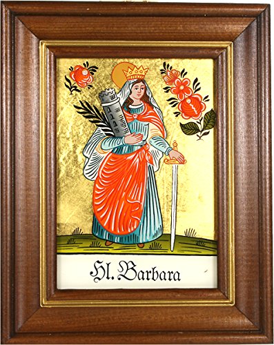 Hinterglaswerkstätten - Hinterglasbild/Patronatsbild Hl. Barbara Turm mit braun gebeizten Holzrahmen, handbemalt mit Legende des Heiligen auf der Bildrückseite, ca. B: 12,5 x H: 16 cm