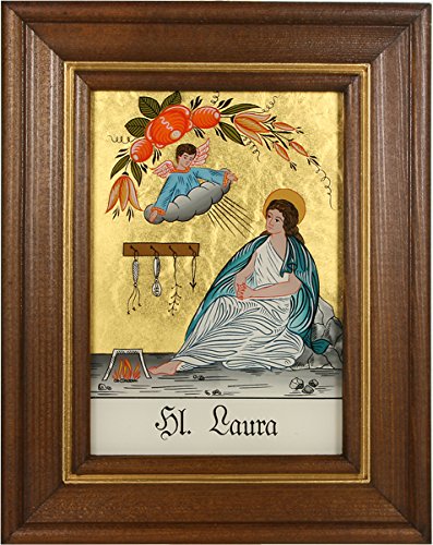 Hinterglaswerkstätten - Hinterglasbild/Patronatsbild Hl. Laura mit braun gebeizten Holzrahmen, handbemalt mit Legende des Heiligen auf der Bildrückseite, ca. B: 12,5 x H: 16 cm