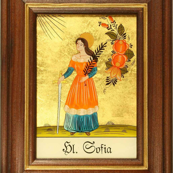 Hinterglaswerkstätten - Hinterglasbild / Patronatsbild "Hl. Sofia" mit braun gebeizten Holzrahmen, handbemalt mit Legende des Heiligen auf der Bildrückseite, ca. B: 12,5 x H: 16 cm
