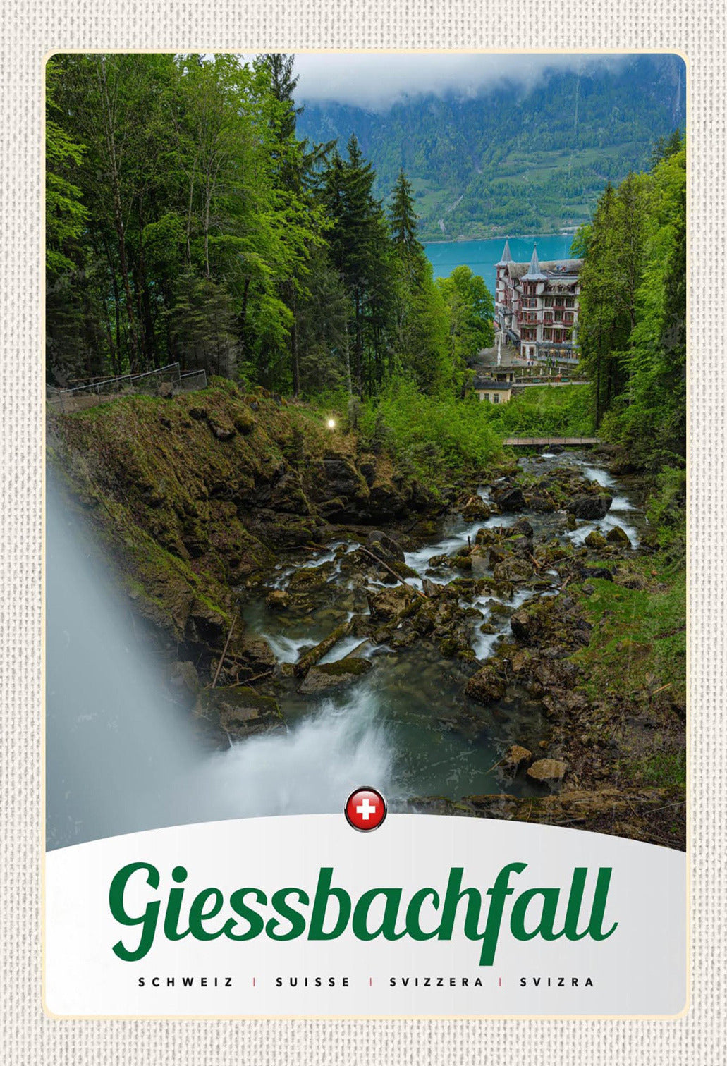 Schild Spruch Giessbachfall Wasserfall Switzerland Schweiz Wald Häuser JW