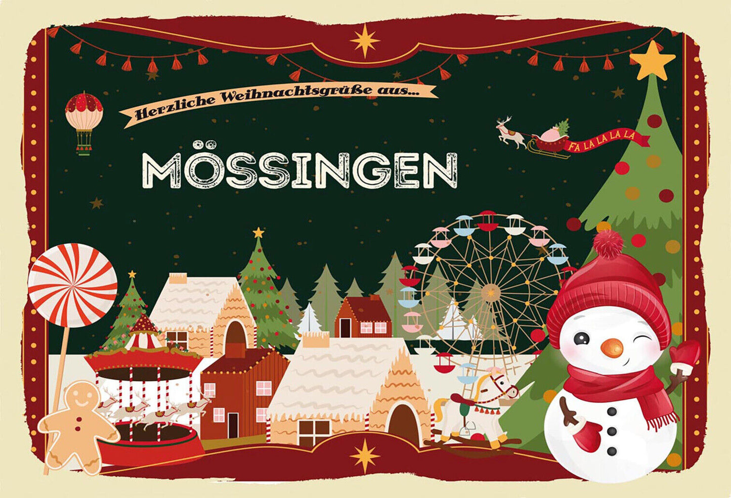 Schild Spruch Herzliche Weihnachtsgrüße aus Mössingen Comic Schneemann JW