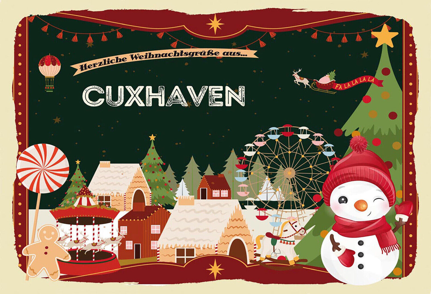 Schild Spruch Herzliche Weihnachtsgrüße aus Cuxhaven Comic Schneemann JW