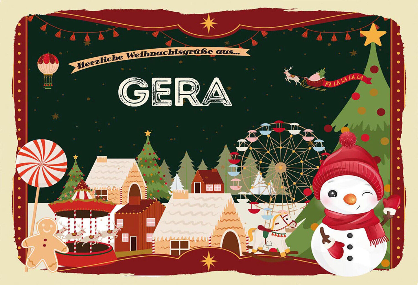 Schild Spruch Herzliche Weihnachtsgrüße aus Gera Comic Schneemann JW