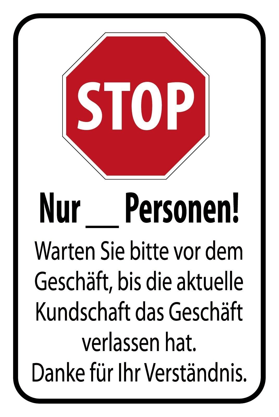 Schild Stop Personen Geschäft Corona Virus 12x18 / 20x30 / 30x40 Blech od. Holz