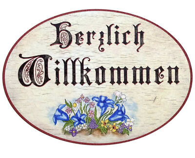 Herzlich Willkommen Türschild Antik Stil Holz oval 13x18