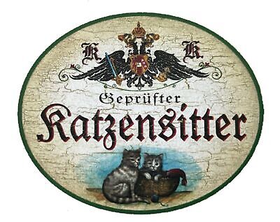 KuK Nostalgie Holzschild "Geprüfter Katzensitter" Duo Katze Tabby Getigert Korb