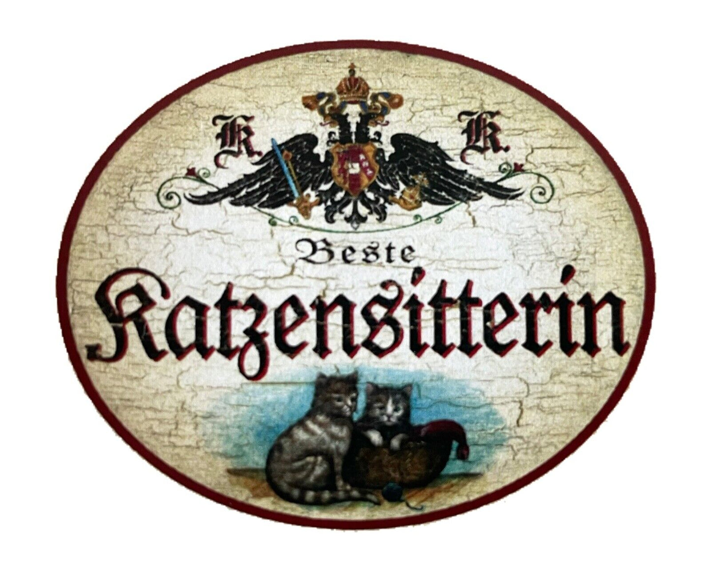 KuK Nostalgie Holzschild "Beste Katzensitterin“ Duo Katze Tabby Getigert Korb