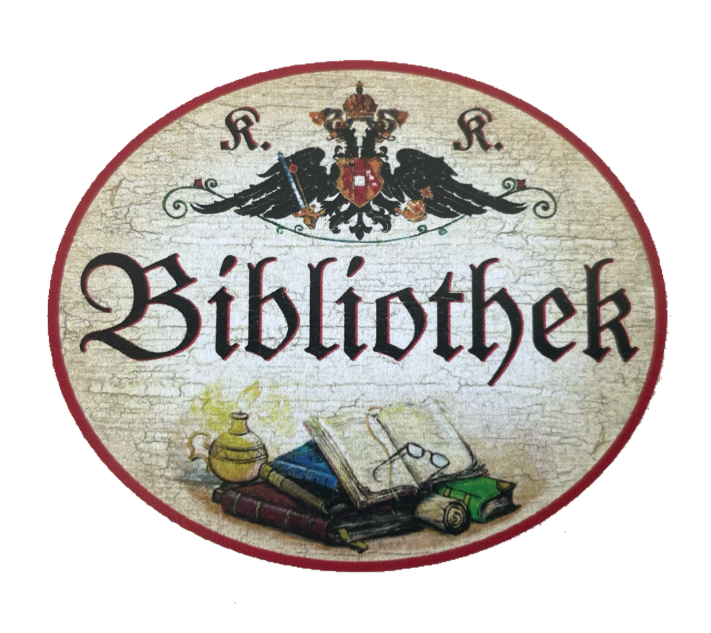 KuK Nostalgie Holzschild “Bibliothek“ Buch Bücher Brille