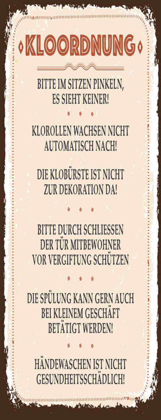 Schild Klo Ordnung Bitte Im Sitzen Pinkeln Klorollen Hände Waschen WC 27x10