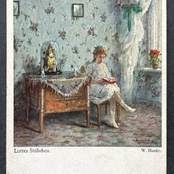 Malerei Lottes Stübchen W.Blanke Mädchen Buch Vogelkäfig Komode Kleid 402694 C