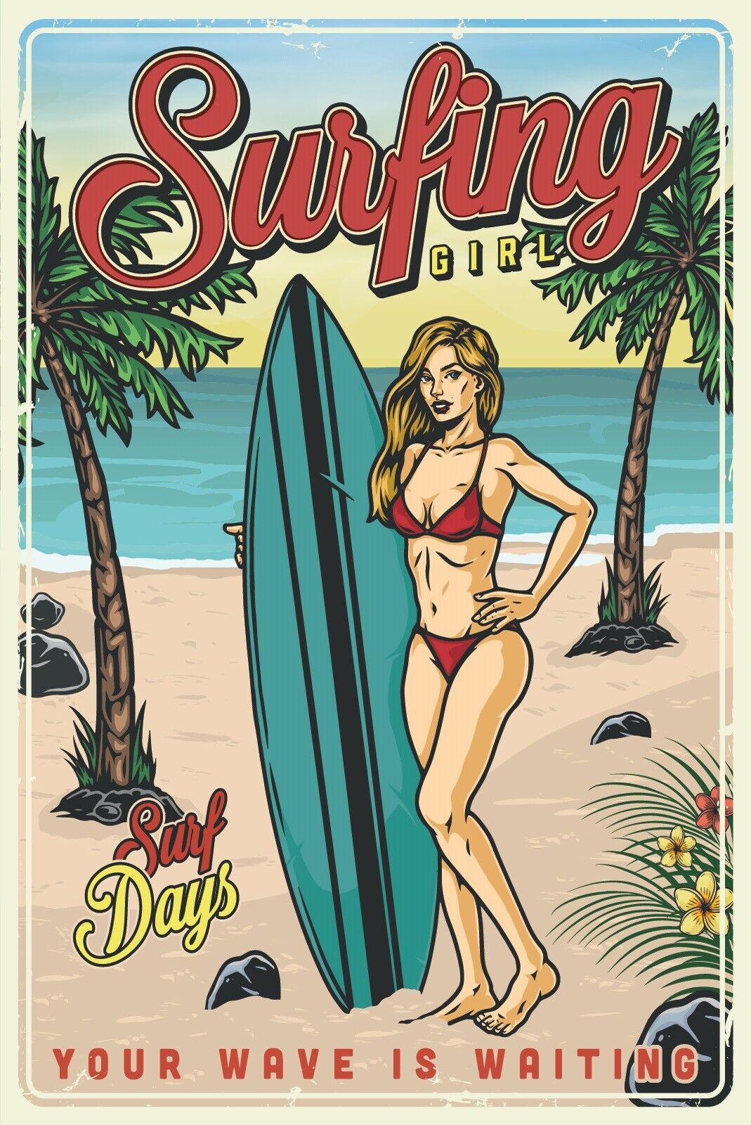 Nostalgie Schild Surfing Girl Surfbrett Frau 12x18 / 20x30 / 30x40 Blech od.Holz