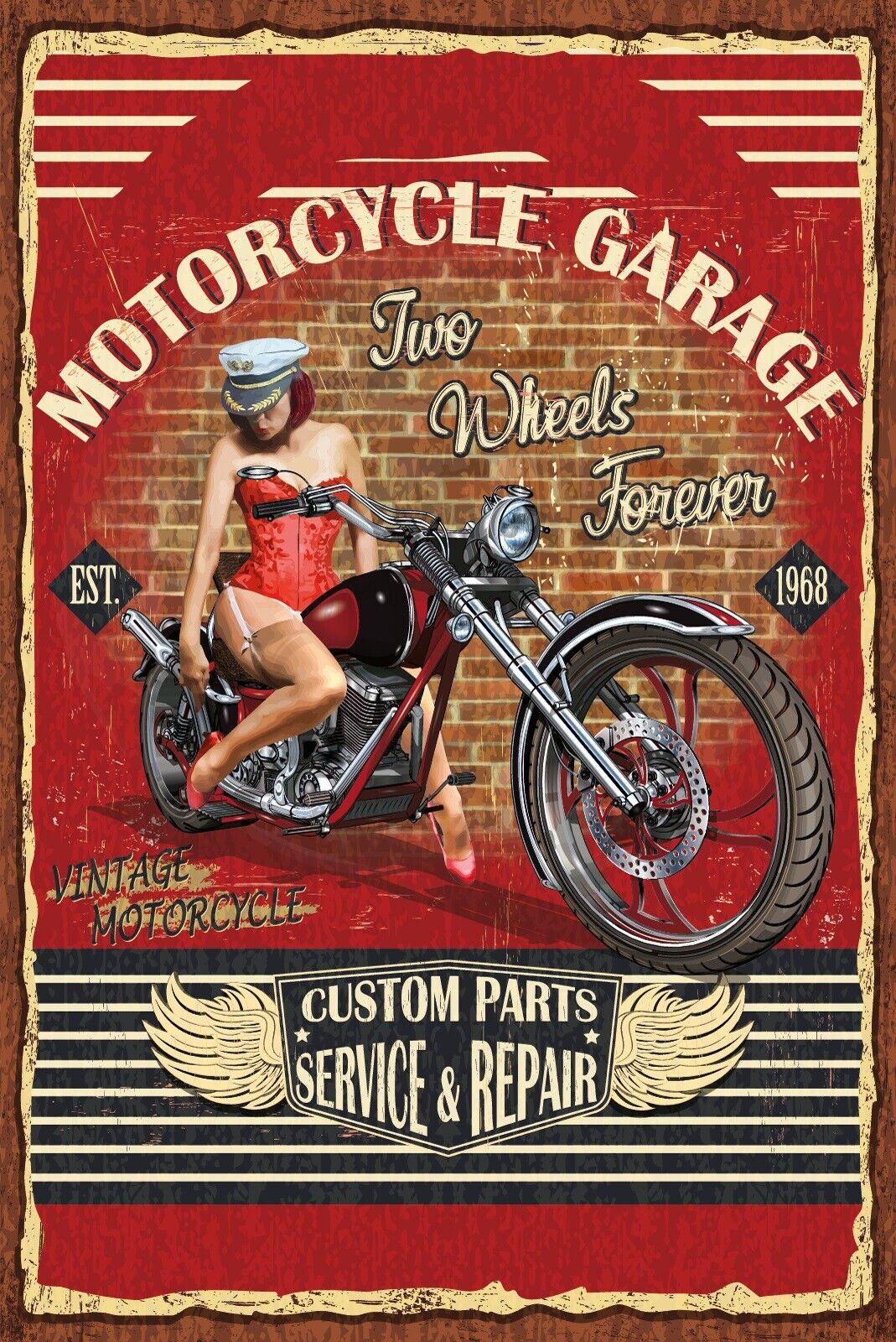 Nostalgie Schild Motorcycle Garage Motorrad 12x18 / 20x30 / 30x40 Blech od. Holz