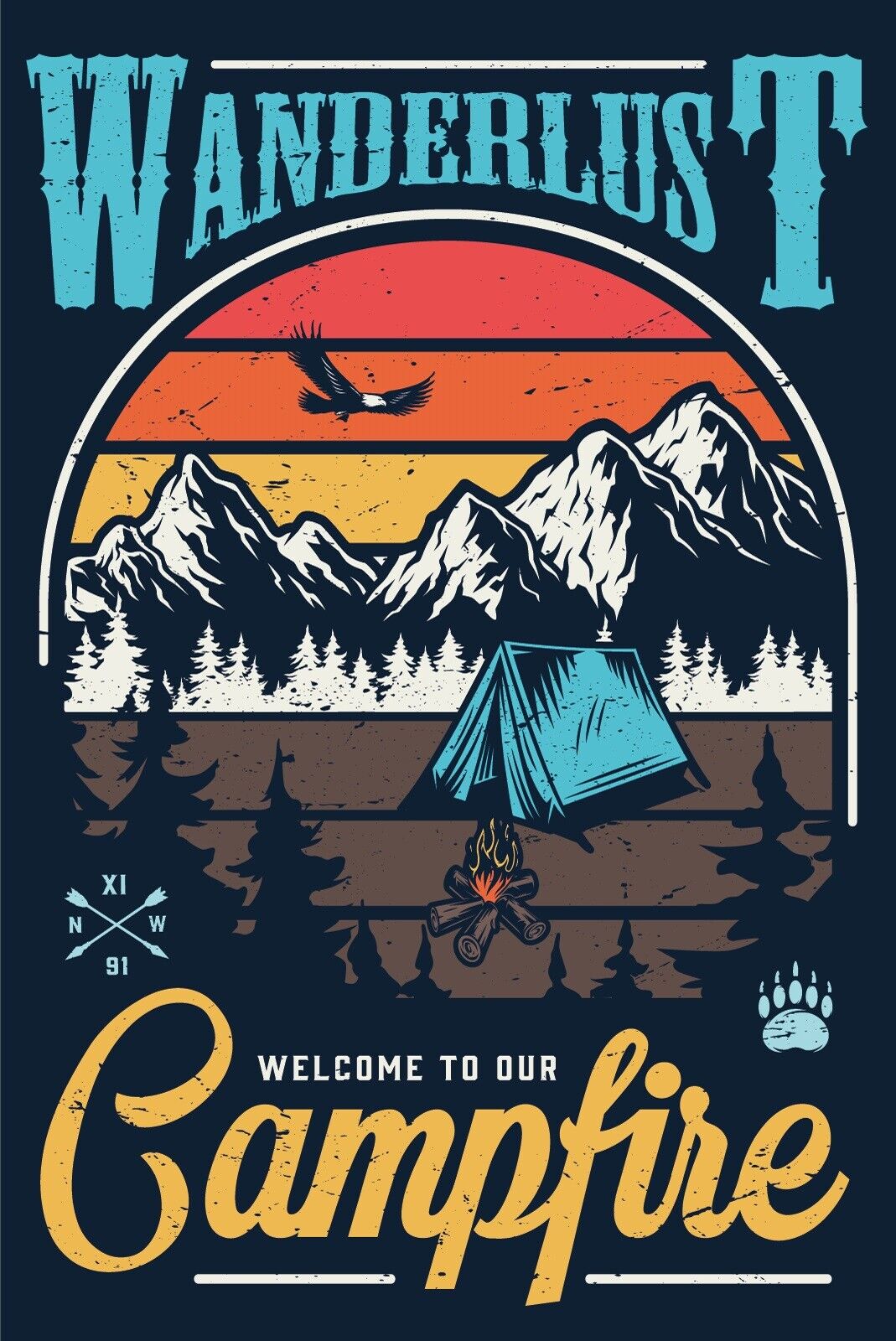 Nostalgie Schild Wanderlust Campfire Camping 12x18 / 20x30 / 30x40 Blech od.Holz