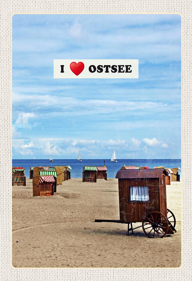 Schild Spruch I Love Ostsee Deutschland Meer Strankörbe Strand Schiffe JW