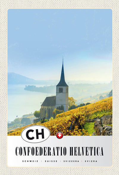 Schild Spruch Confoederatio Helvetica Switzerland Schweiz See Kirche JW