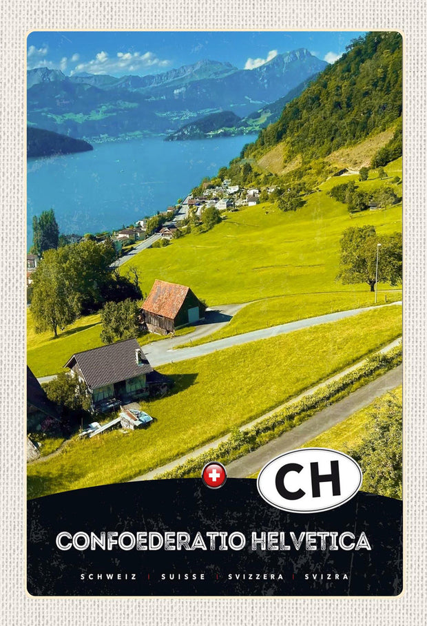 Schild Spruch Confoederatio Helvetica Switzerland Schweiz See Berge Dorf JW