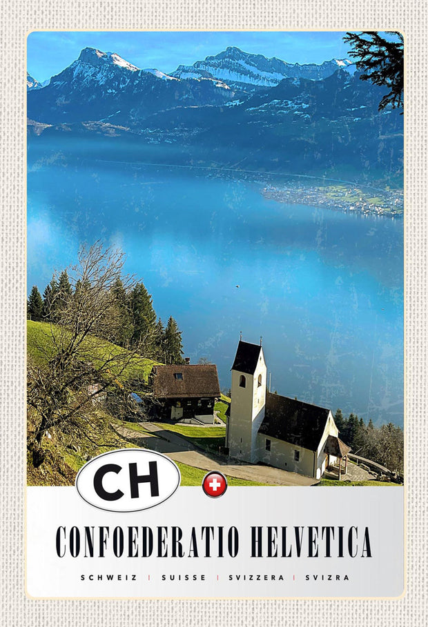 Schild Spruch Confoederatio Helvetica Switzerland Schweiz See Berge Kirche JW