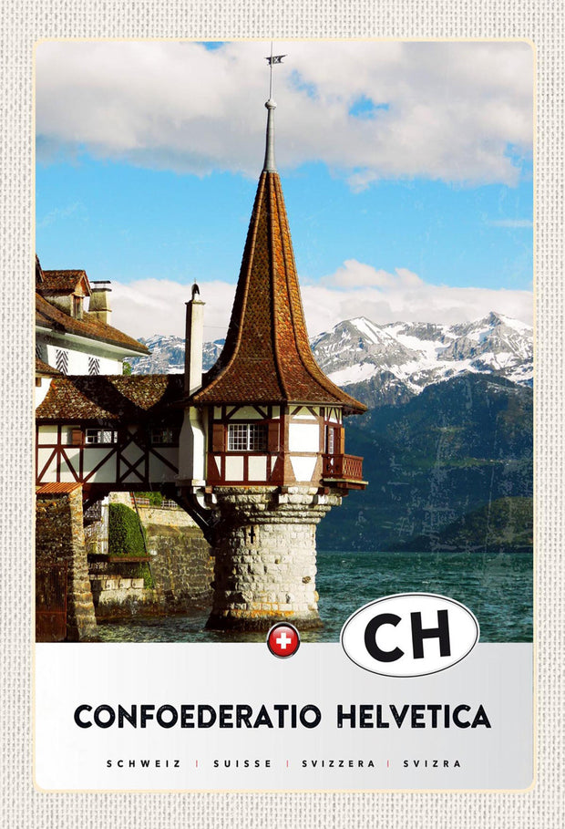 Schild Spruch Confoederatio Helvetica Switzerland Schweiz See Berge Schloss JW