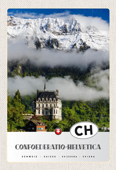 Schild Spruch Confoederatio Helvetica Switzerland Schweiz Berge Schloss Wald JW