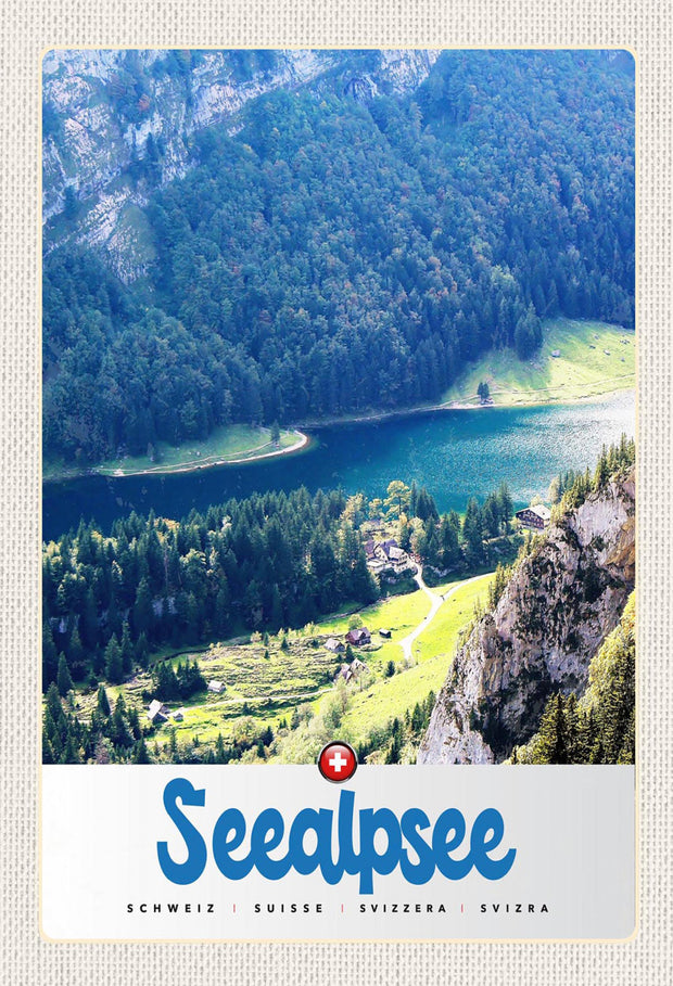 Schild Spruch Seealpsee Switzerland Schweiz Berge Wald JW