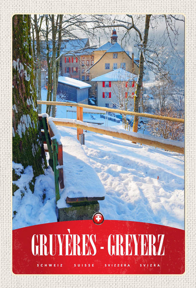 Schild Spruch Gruyeres-Greyerz Switzerland Schweiz Winter Weg Häuser JW