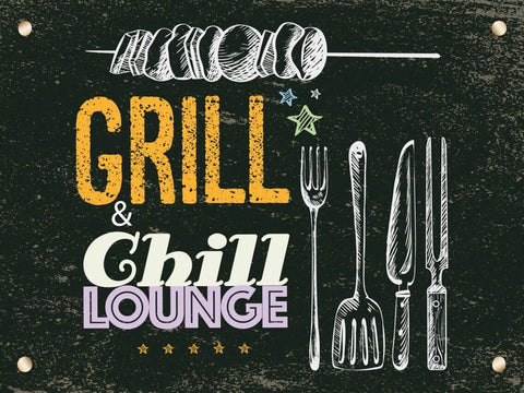 Schild Grill & Chill Lounge Grillen BBQ Griller 12x18 20x30 30x40 Blech/Holz LP