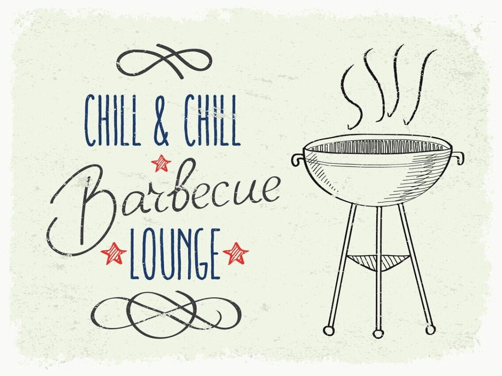 Schild Grill & Chill Barbecue Lounge Grillen 12x18 20x30 30x40 Blech/Holz LP