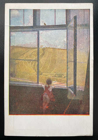 Der Zug kommt Kind Junge Fenster Feld Em.Baschny Eisenbahn 402484 TH A