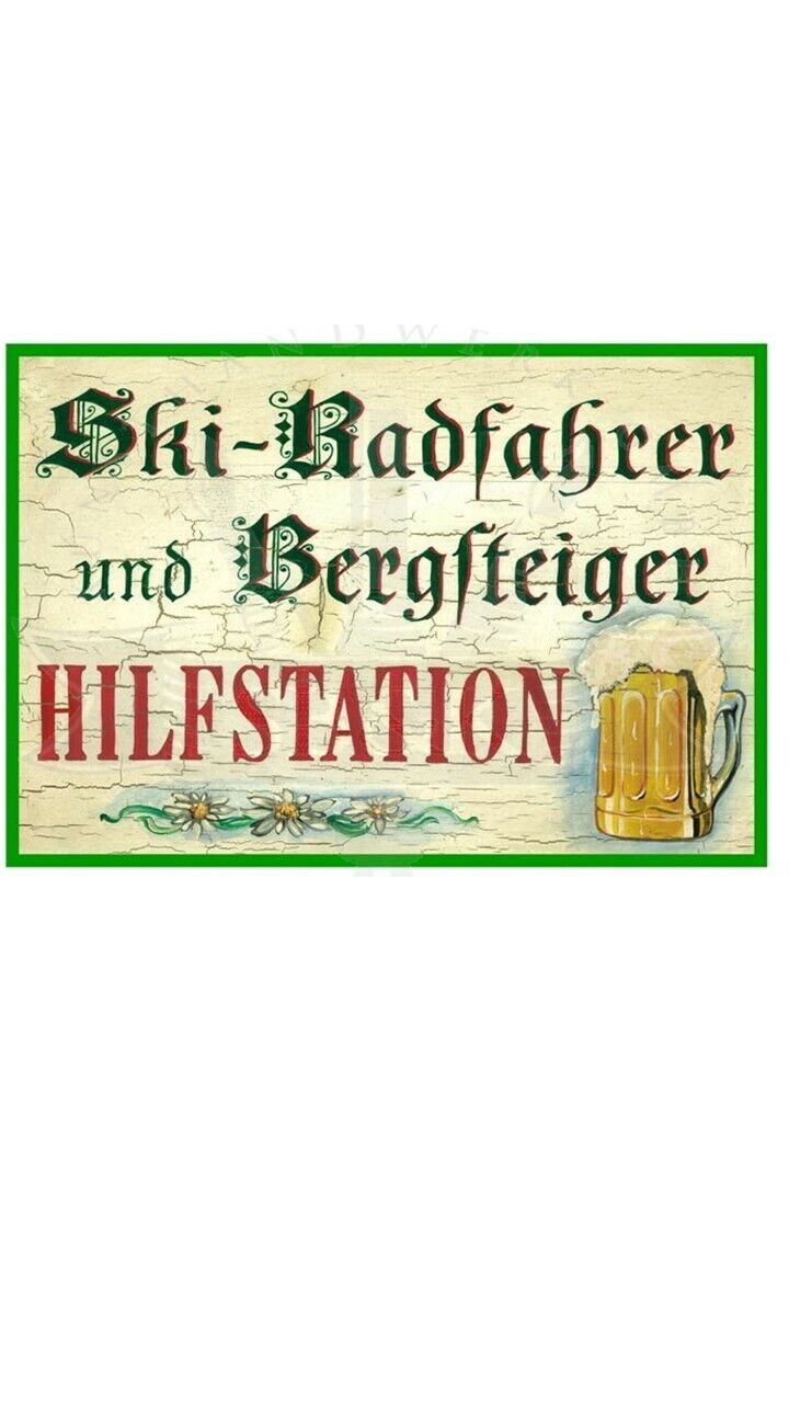 KuK Nostalgie Holzschild "Ski-Radfahrer und Bergsteiger Hilfstation"