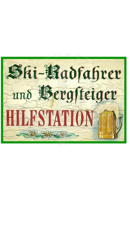KuK Nostalgie Holzschild "Ski-Radfahrer und Bergsteiger Hilfstation"