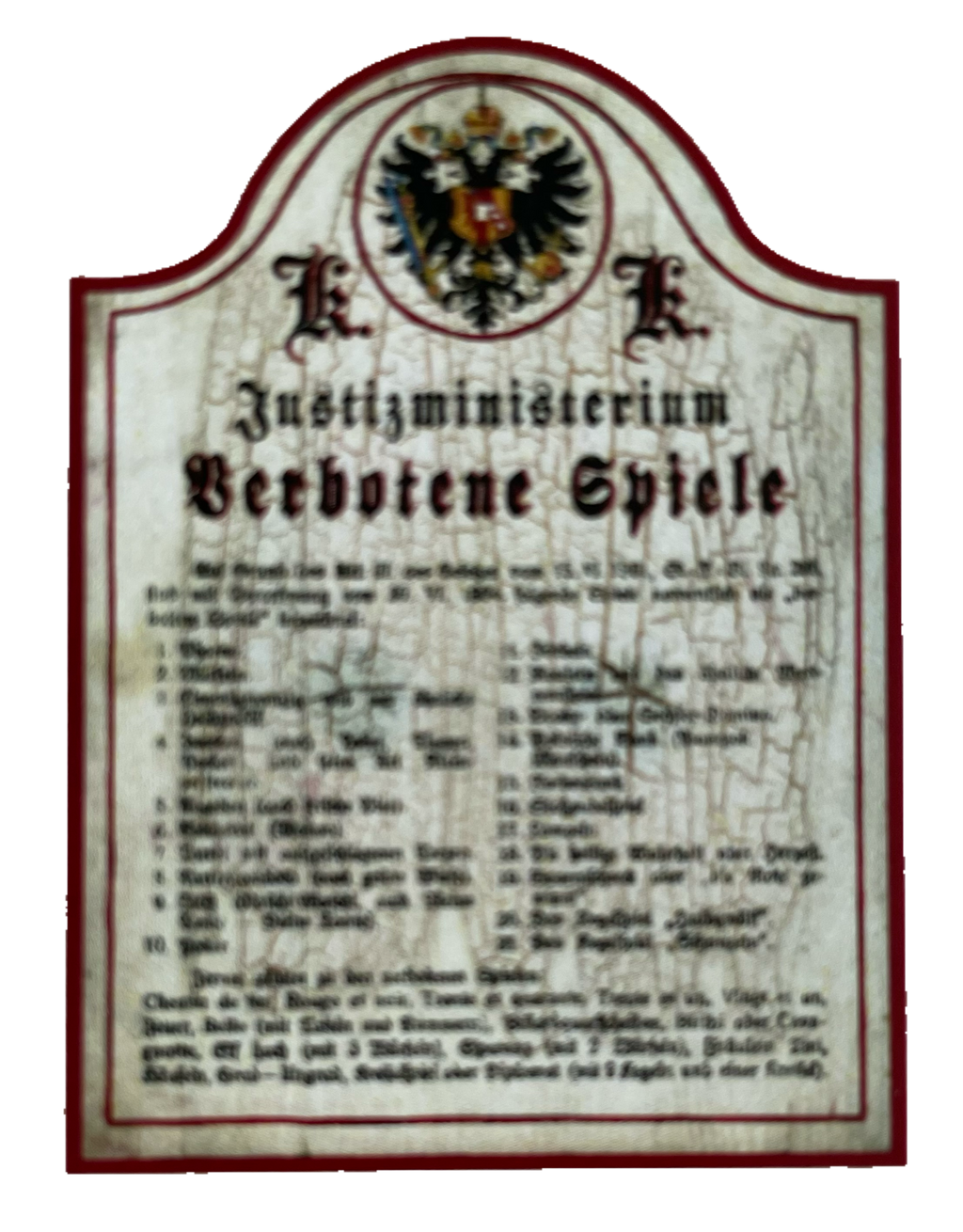 KuK Nostalgie Holzschild Justizministerium Verbotene Spiele Liste Schild