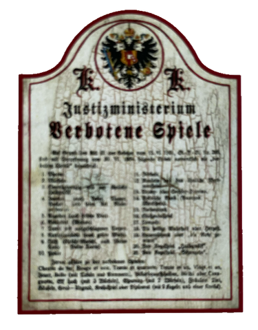 KuK Nostalgie Holzschild Justizministerium Verbotene Spiele Liste Schild