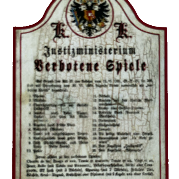 KuK Nostalgie Holzschild Justizministerium Verbotene Spiele Liste Schild