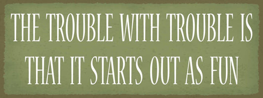 Schild the trouble with trouble is that it starts out as fun 27x10 blech od.holz