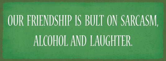 Schild our friendship is built on sarcasm alcohol & laughter 27x10 blech od.holz