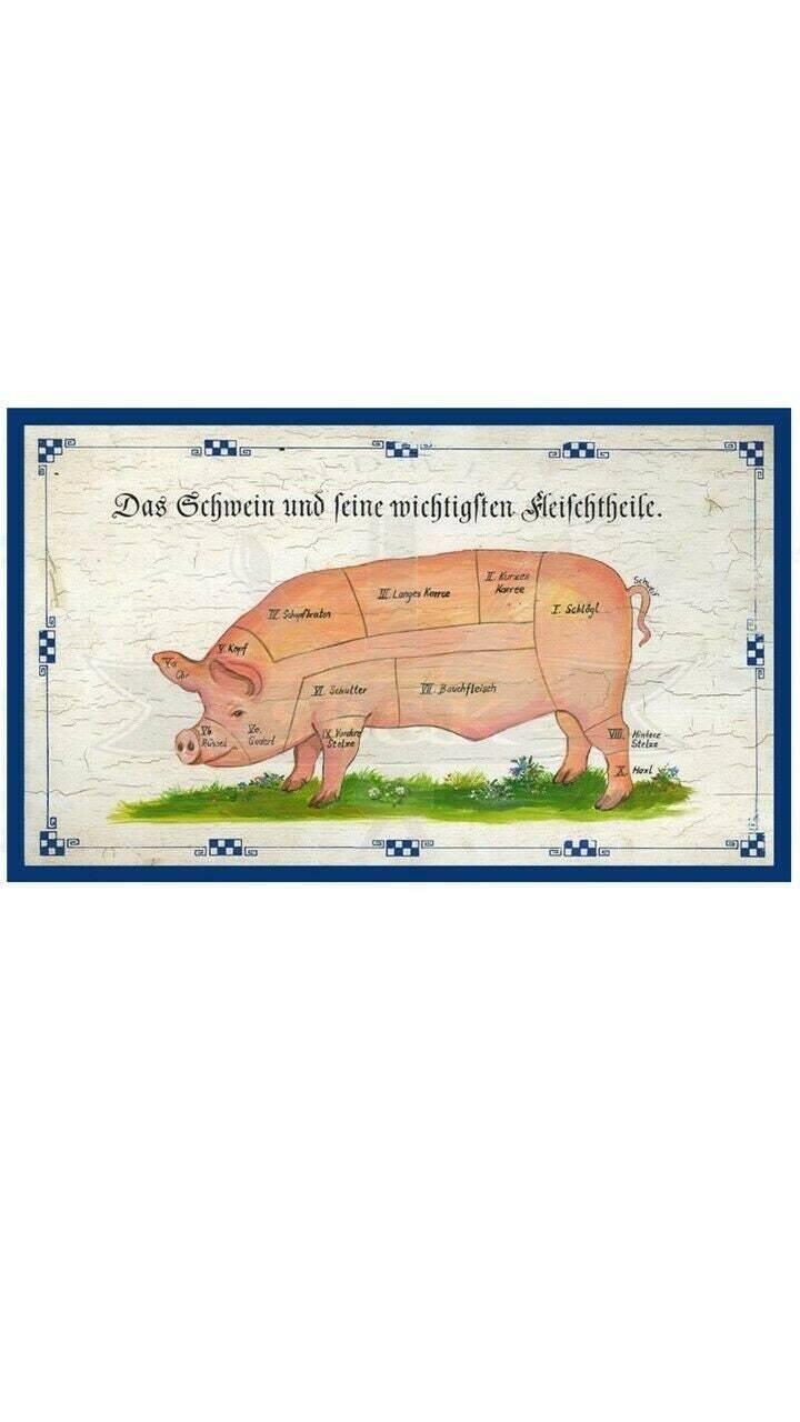 Kuk nostalgie holzschild "das schwein und seine fleischteile"