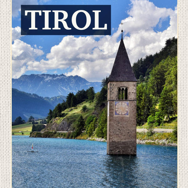 Schild Kirche Turm Reschensee Süd Tirol Italien 12x18 20x30 30x40 Blech/Holz