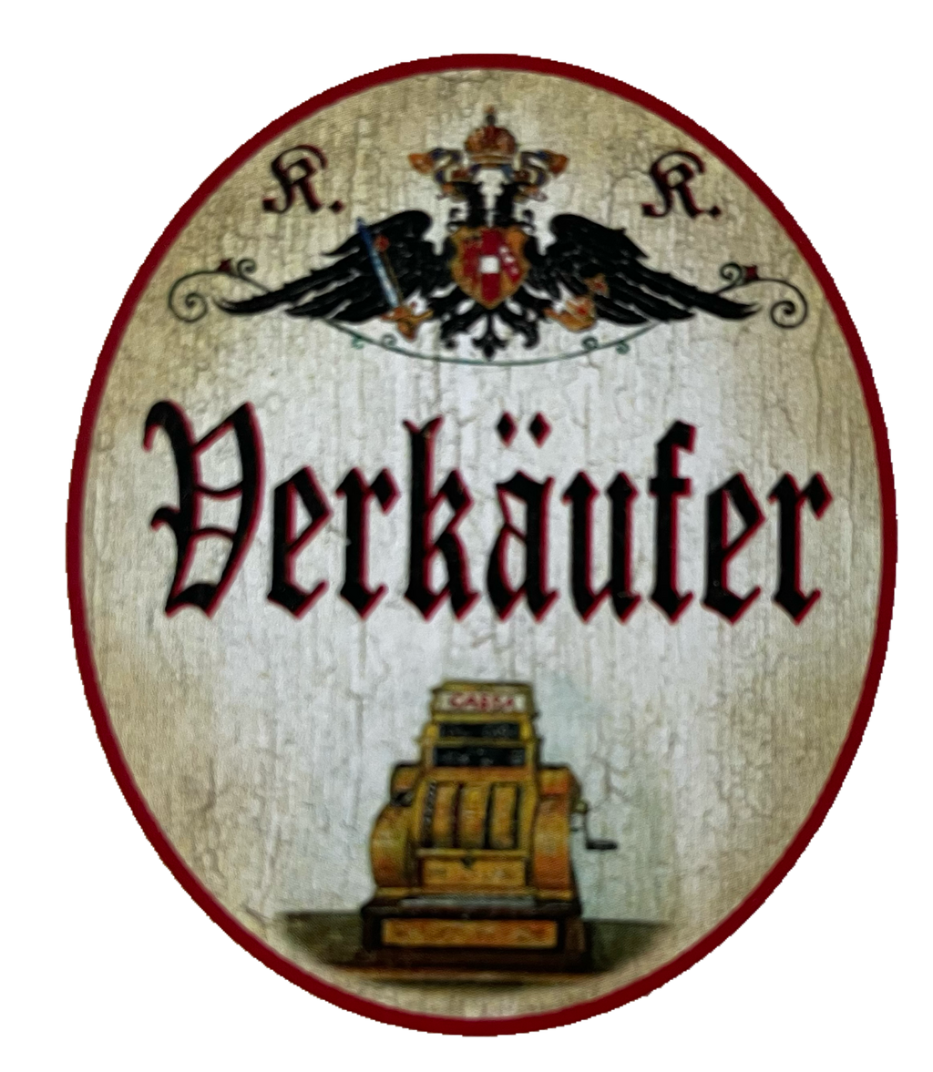 KuK Nostalgie Holzschild Verkäufer Verkauf Einzelhandel Kunden Geschäft Schild