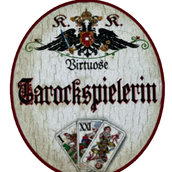 KuK Nostalgie Holzschild Virtuose Tarockspielerin Karten Spiel Tarock Schild
