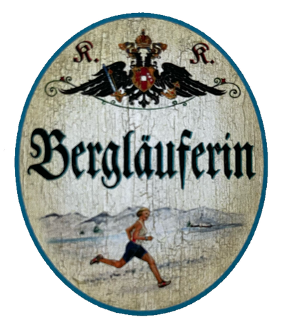 KuK Nostalgie Holzschild Bergläuferin Laufen Lauf Sport Joggen Berge Schild