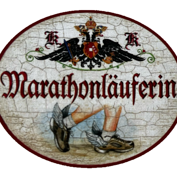 KuK Nostalgie Holzschild Marathonläuferin Marathon Lauf Laufen Rennen Schild