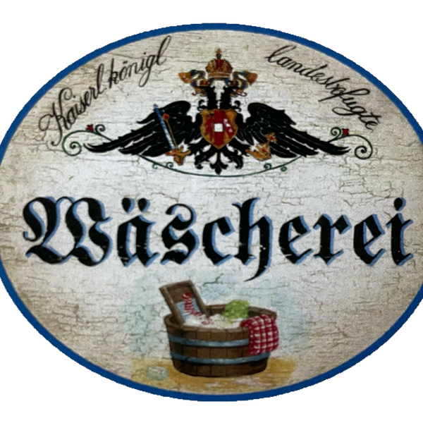 KuK Nostalgie Holzschild Landesbefugte Wäscherei Textilien Waschen Schild