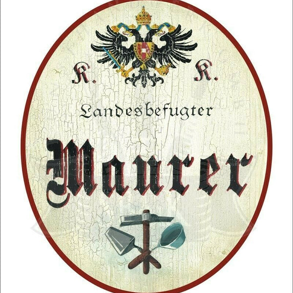 KuK Nostalgie Holzschild - Landesbefugter Maurer - Werkzeuge Hammer Spachtel TH