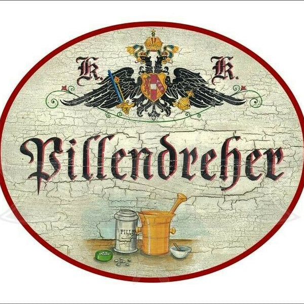 KuK Nostalgie Holzschild - Pillendreher - Mörser Tabletten  TH