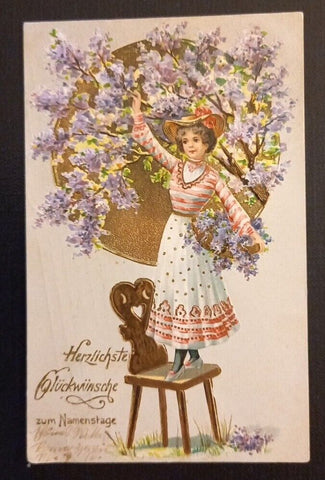 Herzlichste Glückwünsche Zum Namenstag Frau Mit Flieder Prägekarte 600767A Ga G